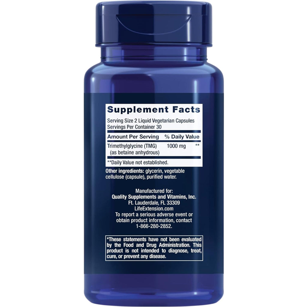 Life Extension TMG, Trimethylglycine, Encourages Healthy Homocysteine Levels, Non-Gmo, Gluten-Free, Vegetarian, 60 Capsules