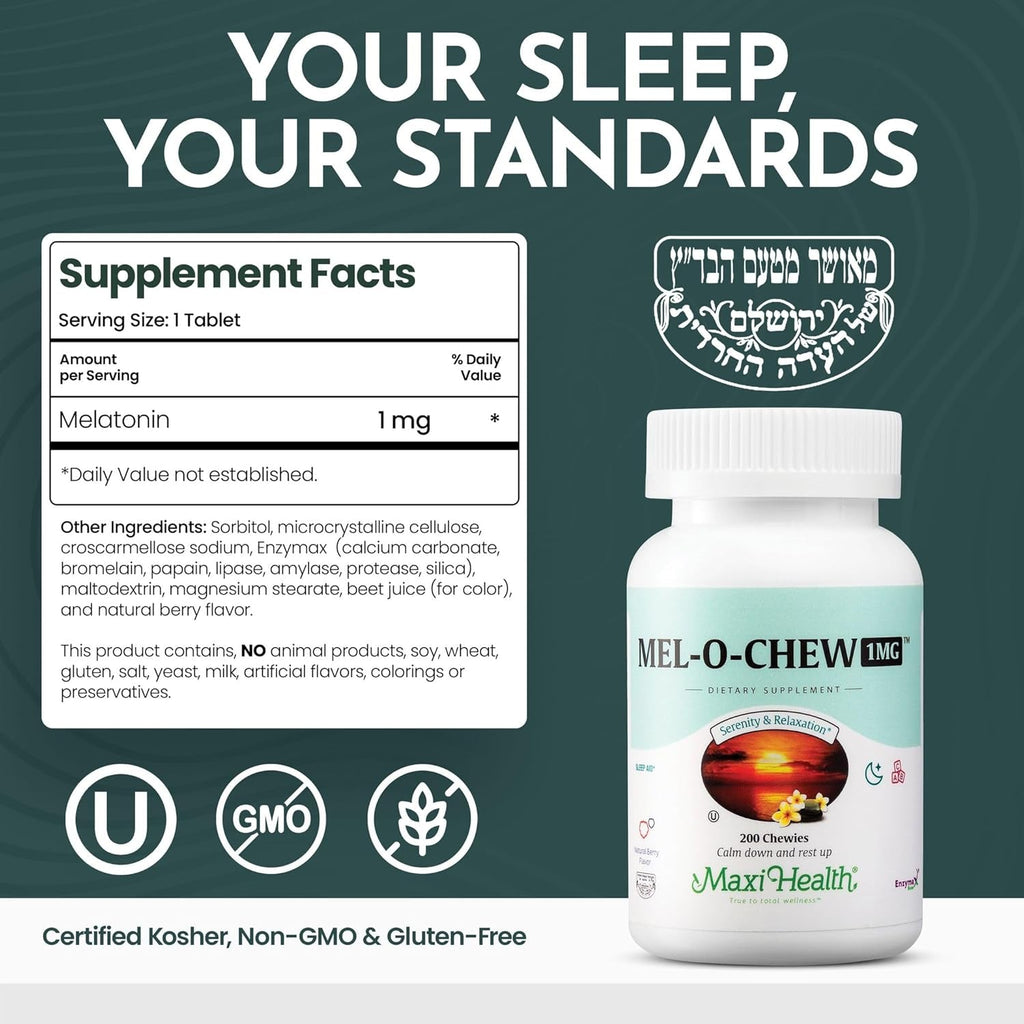 Maxi Health Melatonin 1Mg Chewable - Sleep Aid Melatonin to Encourage Natural Sleep – Non-Habit Forming Supplement with Enzymax for Fast-Acting Support Kosher (200 Units)