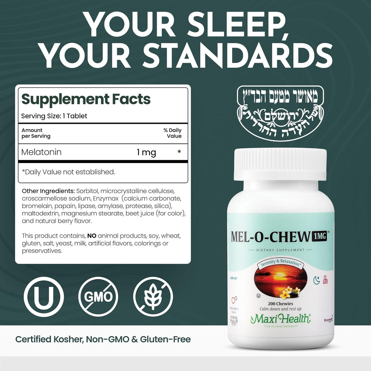 Maxi Health Melatonin 1Mg Chewable - Sleep Aid Melatonin to Encourage Natural Sleep – Non-Habit Forming Supplement with Enzymax for Fast-Acting Support Kosher (200 Units)