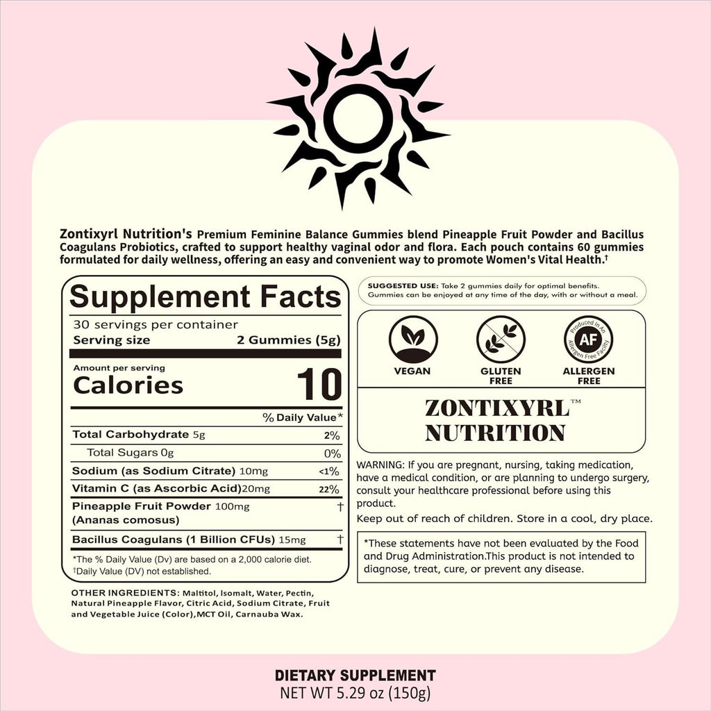Premium Feminine Balance Gummies Women - Pineapple Gummies for Women Ph Probiotic and Immune Support Vegan Gluten Free 60 Gummies 30 Servings