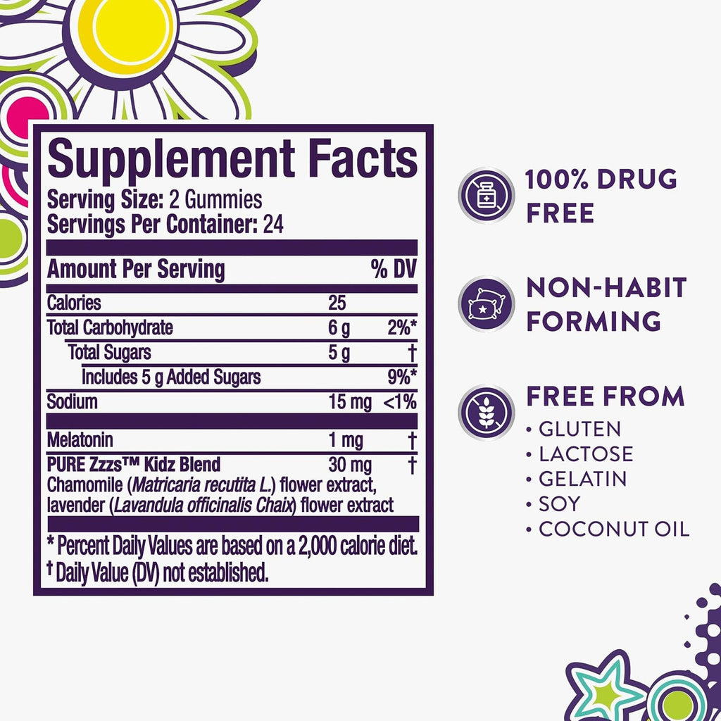 VICKS PURE Zzzs Kidz, Melatonin Sleep Aid Gummies for Kids and Children, Helps Your Child Fall Asleep Naturally, Low Dose Melatonin, 48 Gummies