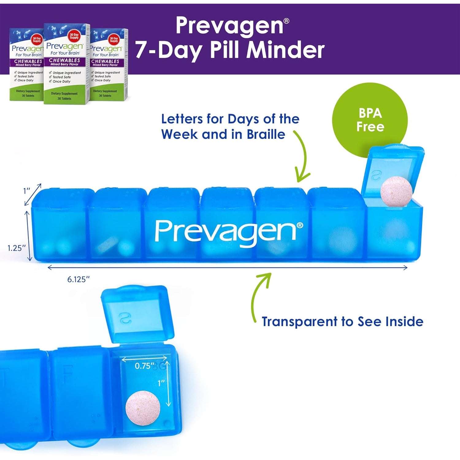 Prevagen Regular Strength Mixed Berry Chewables - 90 Tablets (3 Month Supply) | Formulated for Your Brain | 10Mg of Apoaequorin plus Vitamin D3 with 7-Day Pill Minder