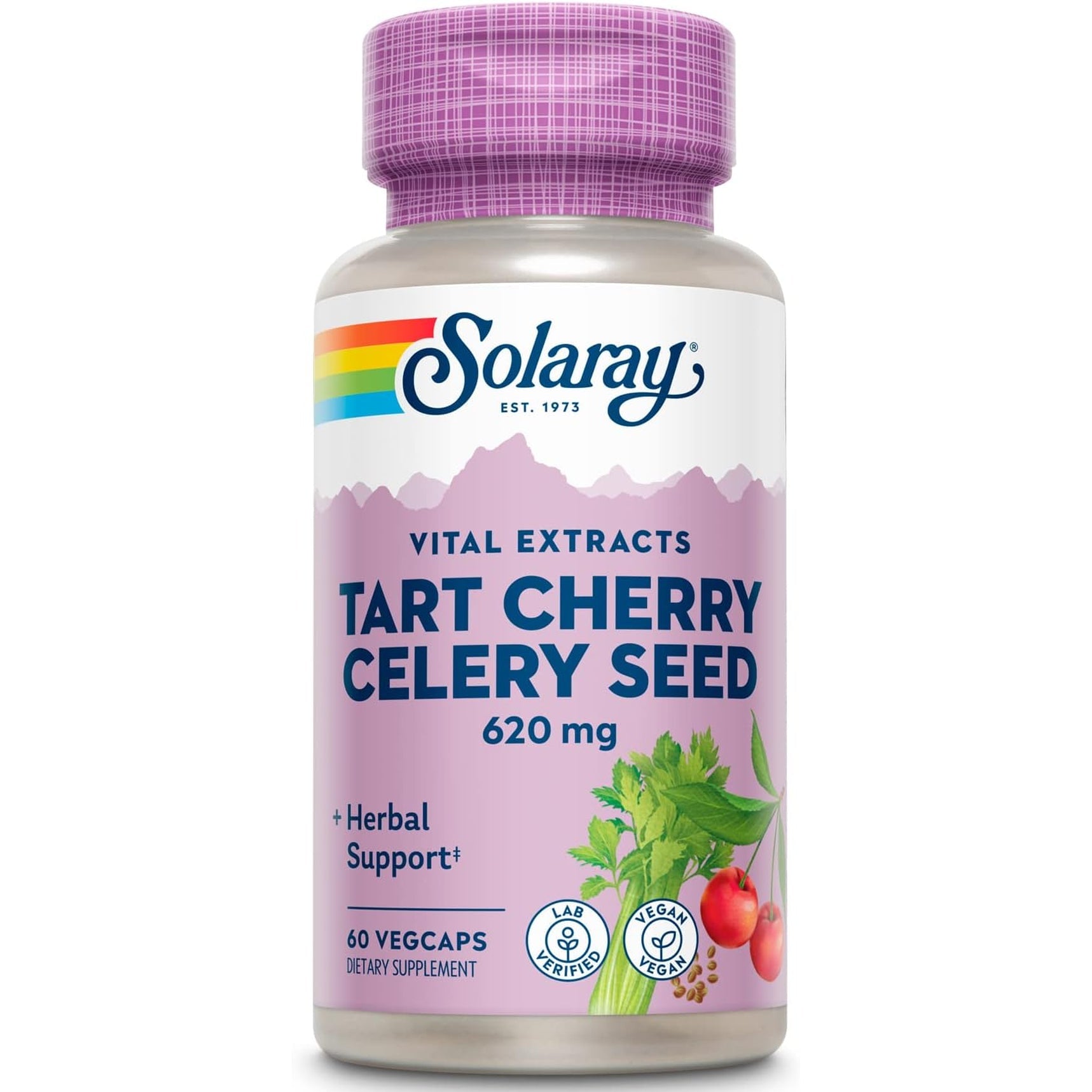 SOLARAY Tart Cherry and Celery Seed - Tart Cherry Celery Seed Extract Capsules 620 Mg, Supplement for Men & Women, Natural Herbal Support for Adults, Vegan - 60 Veg Caps
