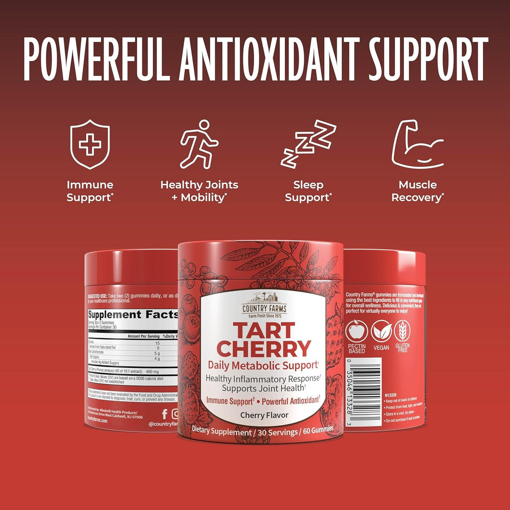 Country Farms Tart Cherry Gummies, Dialy Metabolic Support, Supports Bone Health, Packed with Potent Antioxidants, Cherry Flavor, 60 Gummies