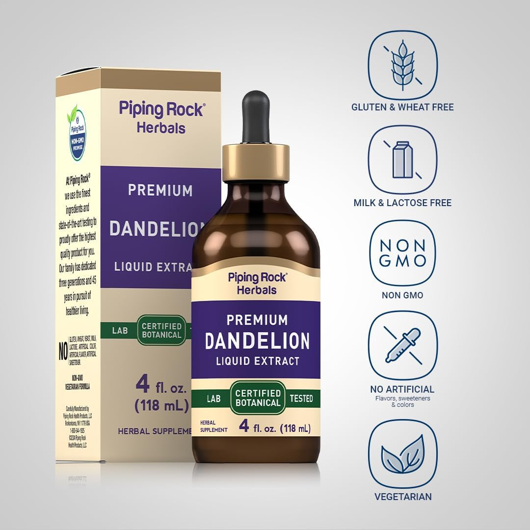 Piping Rock Dandelion Root Extract Liquid Drops | 4 Fl Oz | Premium Tincture Herbal Supplement | Alcohol Free | Vegetarian, Non-Gmo, Gluten Free
