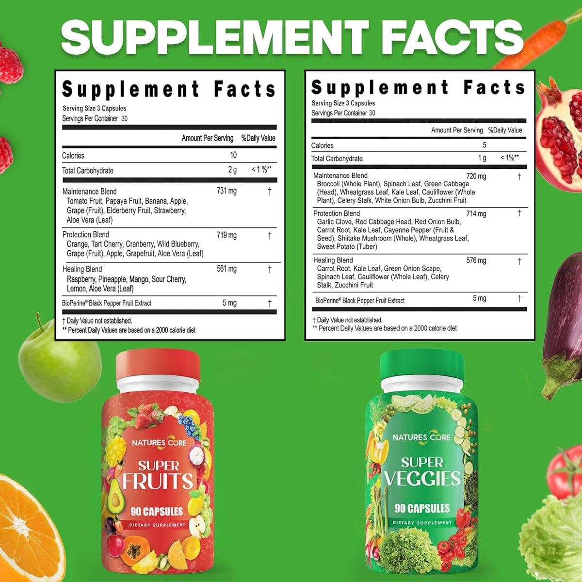 Nature'S Core Fruit and Veggie Supplement - 360 Capsules - 100% Whole Super Fruit and Vegetable Vitamin, Made in USA, Soy Free, Vegan, Capsule Form - 90 Count (Pack of 4)