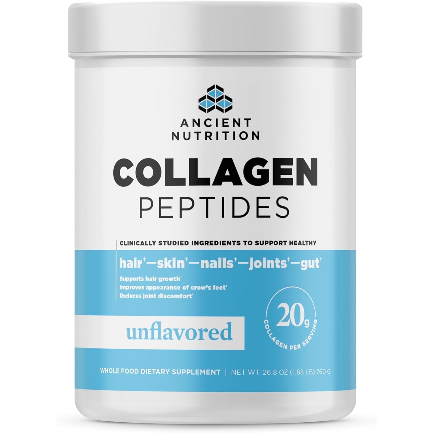 Ancient Nutrition Collagen Peptides, Collagen Peptides Powder, Unflavored Hydrolyzed Collagen, Supports Healthy Skin, Joints, Gut, Keto and Paleo Friendly, 38 Servings, 20G Collagen per Serving