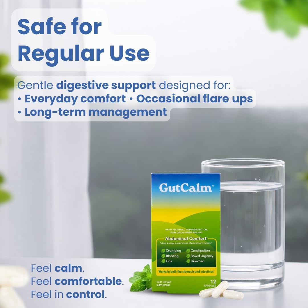 Gutcalm - IBS Relief - Peppermint Oil Capsules - Bloating, Gas, Constipation and Digestive Comfort Supplement - 12/Ct
