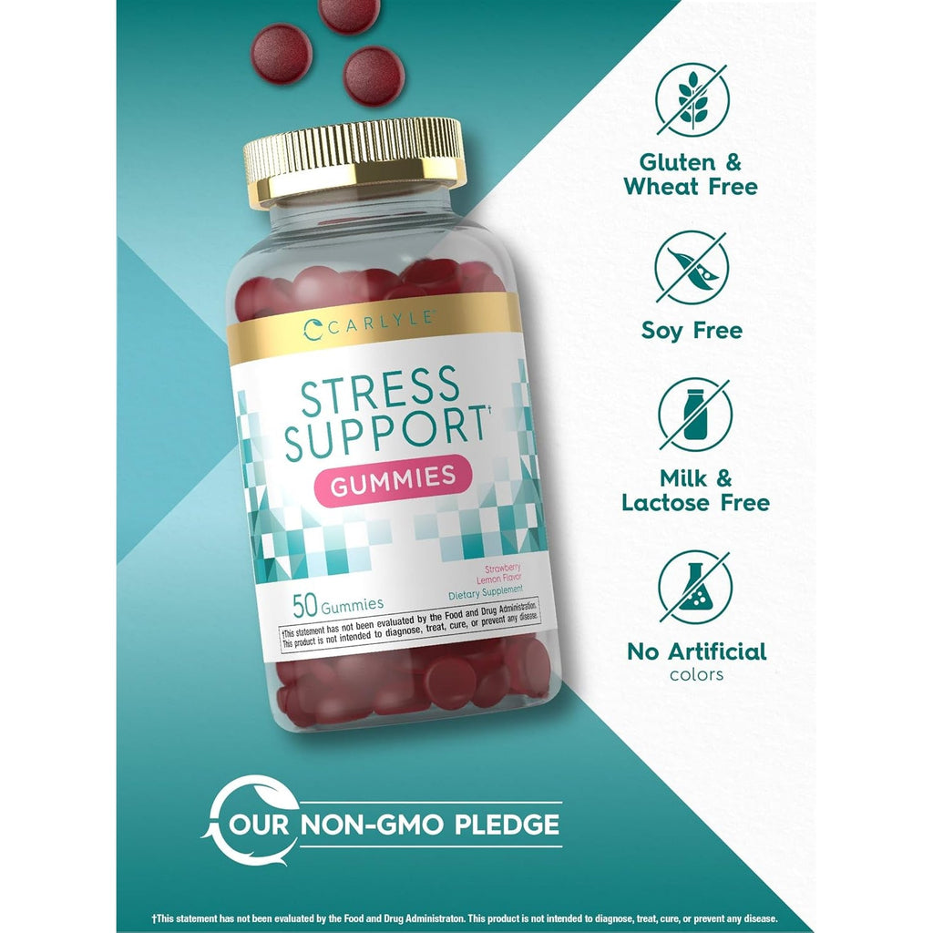 Carlyle Stress Support Supplement Gummies | 50 Count | for Women and Men | with GABA and L-Theanine | Strawberry Lemon Flavor | Non-Gmo & Gluten Free