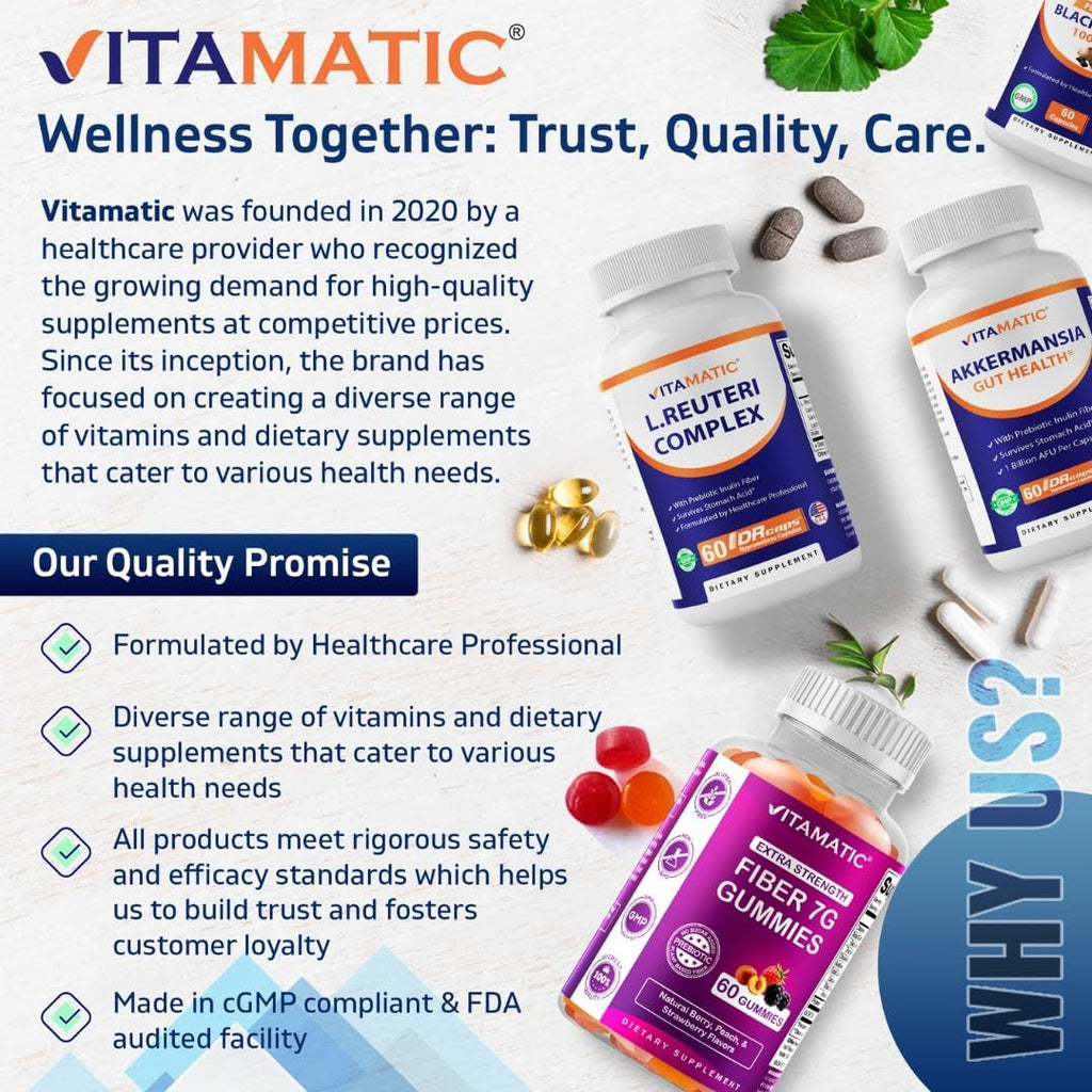 Vitamatic Lactobacillus Reuteri Complex – 22 Billion CFU per Delayed Release Capsule – 60 Capsules – Digestive & Gut Health Support – with Prebiotic Inulin Fiber