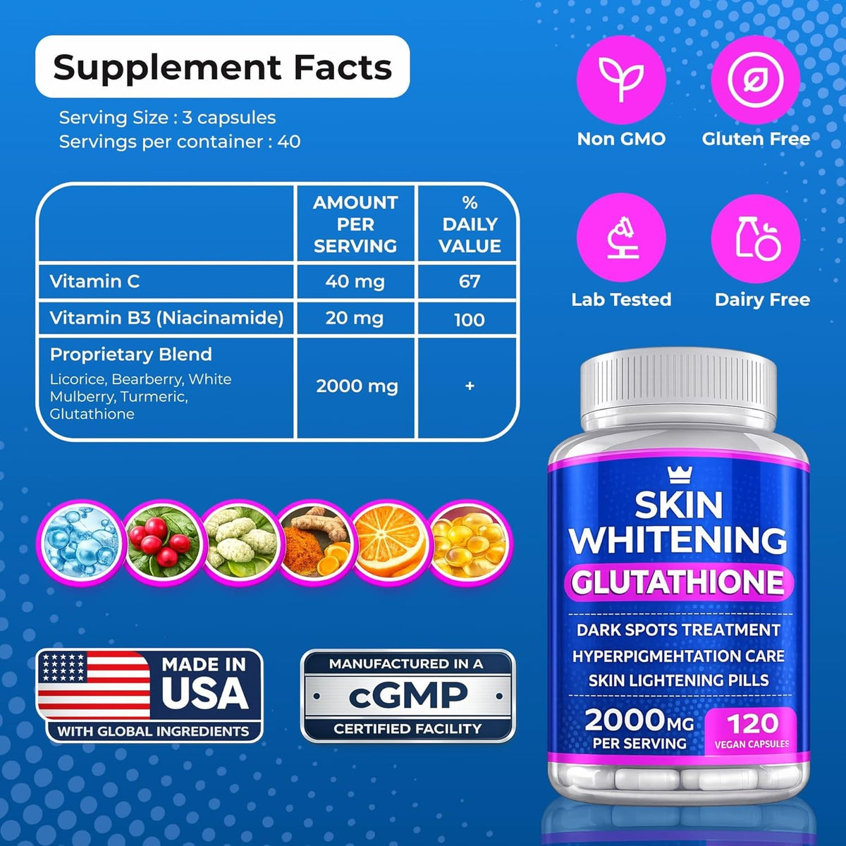 Glutathione Whitening Pills - 120 Capsules 2000Mg Glutathione - Effective Skin Lightening Supplement - Dark Spots, Melasma & Acne Scar Remover, Hyperpigmentation Treatment - Anti-Aging Antioxidant