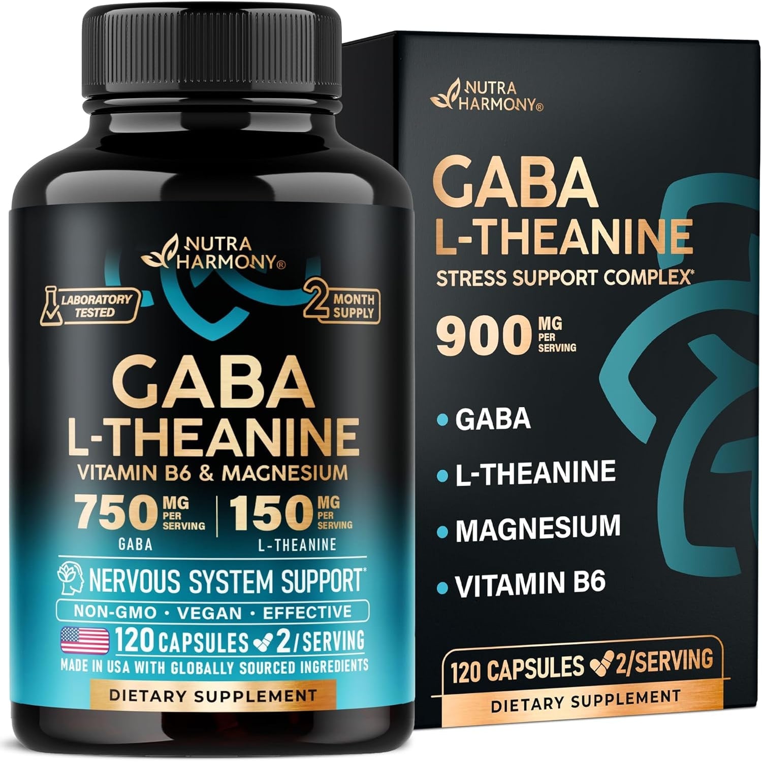GABA L-Theanine 900 Mg - Magnesium | Vitamin B6 - Calm, Sleep, Relaxation & Mood Support - Lab Tested - 750 Mg Gamma Aminobutyric Acid, 150 Mg L-Theanine - Non-Habit Forming, Vegan - 120 Capsules