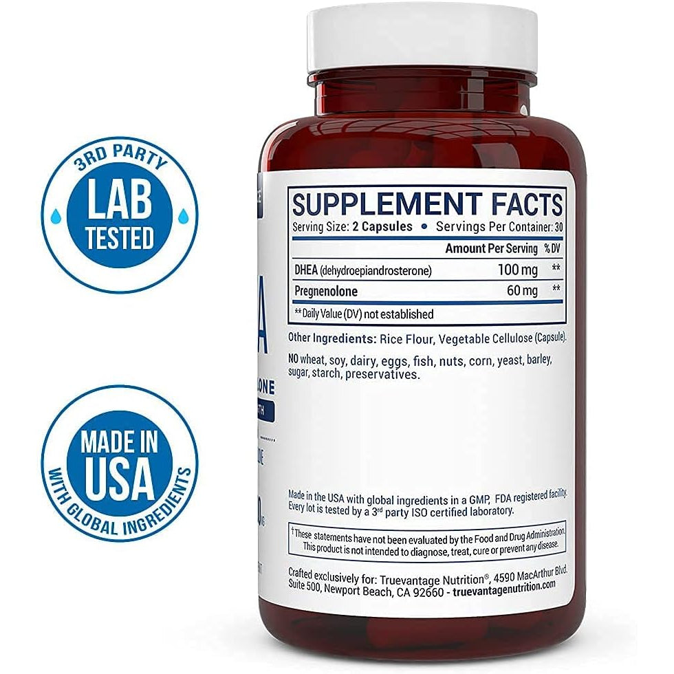 Truevantage Nutrition DHEA 100 Mg with Pregnenolone 60 Mg – Vegetable Capsules, Non-Gmo