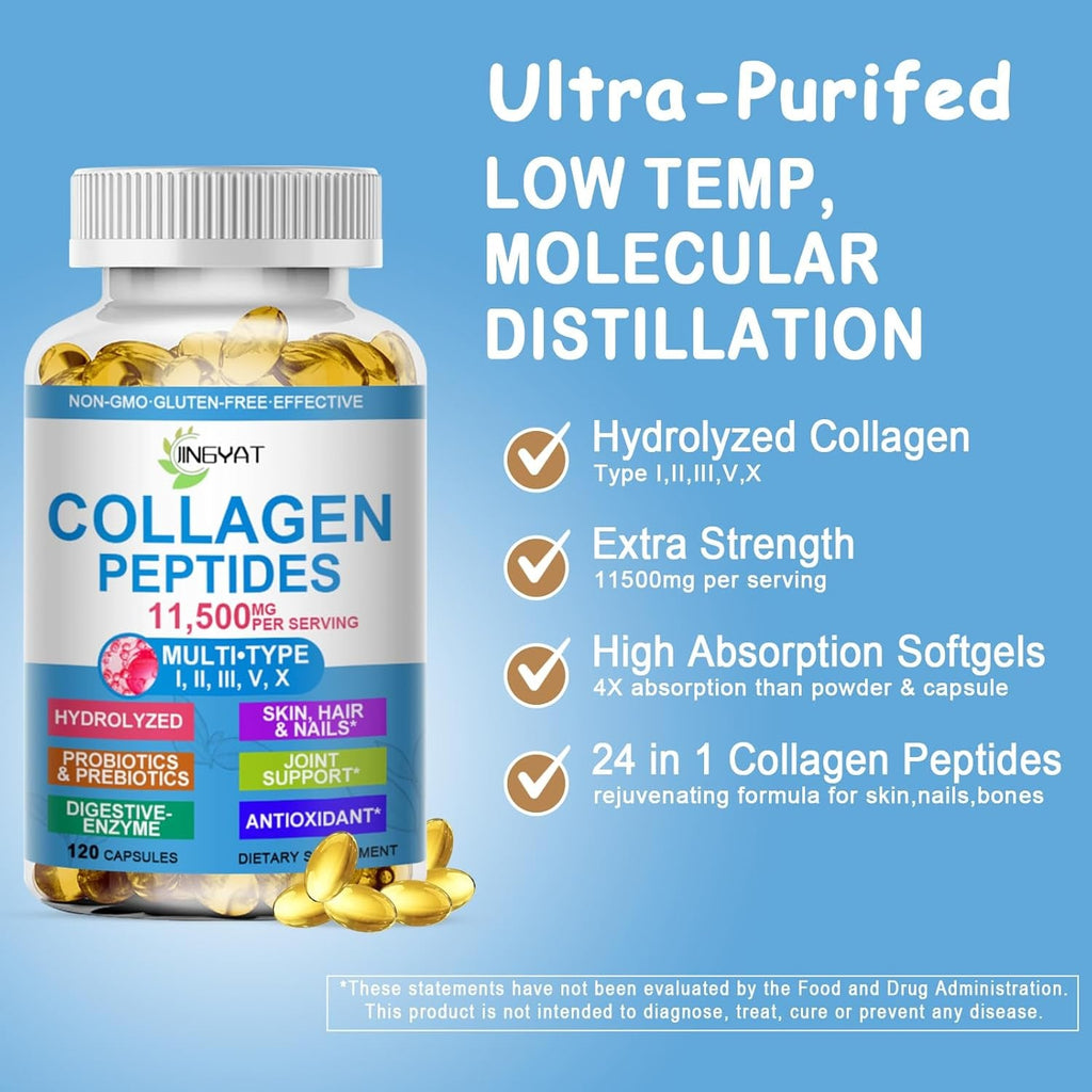 Collagen Peptides Softgels, Multi Collagen Peptide W/ Glucosamine Chondroitin MSM Biotin, Hydrolyzed Collagen Peptides Complex for Women Supports Skin Hair Nail Joints Bones Gut Health, Non-Gmo