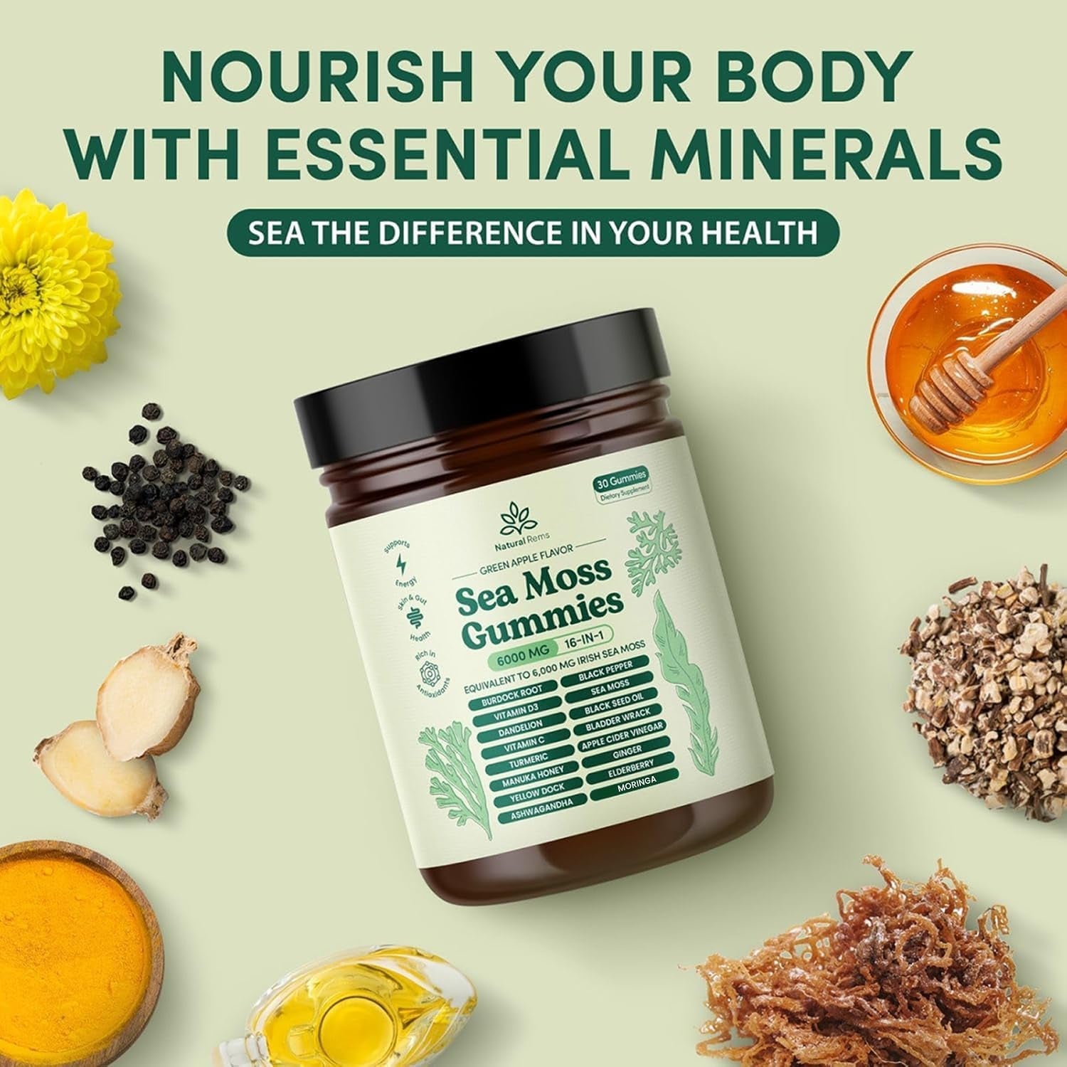 Natural Rems Sea Moss Gummies 16-In-1 - Ashwagandha Black Seed Oil Bladder Wrack Turmeric Vitamin C & D3 with Manuka Burdock Root Dandelion Yellow Dock Elderberry Apple Cider Vinegar (Green Apple)