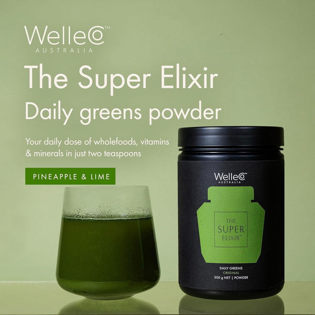 Welleco the Super Elixir Daily Greens Powder, Probiotic Drink Mix with Whole Foods, Gluten Free, Vegan Gut Health Powder, Energy, Immunity, Healthy Skin, Hair & Nails (Jar, Pineapple & Lime Jar)