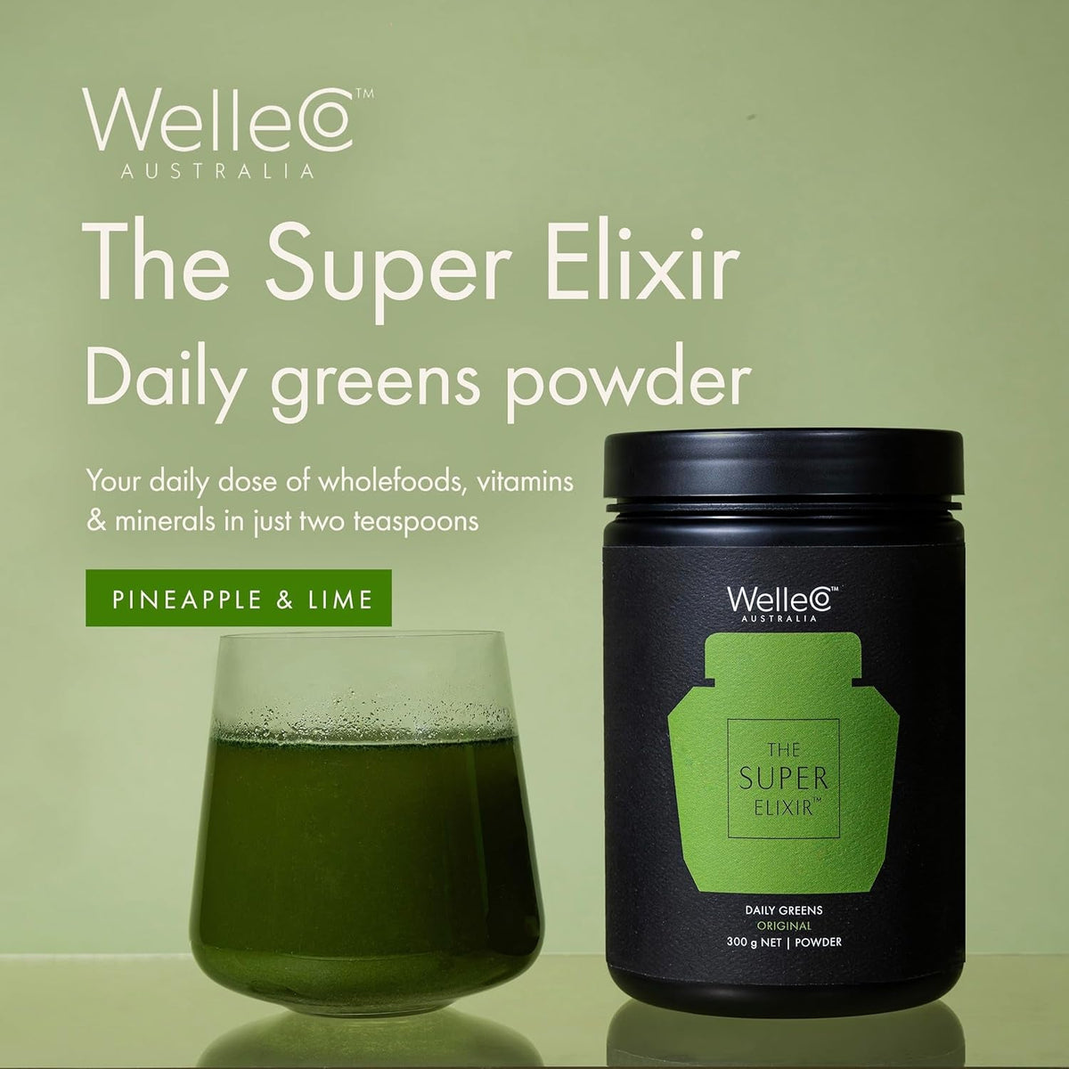 Welleco the Super Elixir Daily Greens Powder, Probiotic Drink Mix with Whole Foods, Gluten Free, Vegan Gut Health Powder, Energy, Immunity, Healthy Skin, Hair & Nails (Jar, Pineapple & Lime Jar)