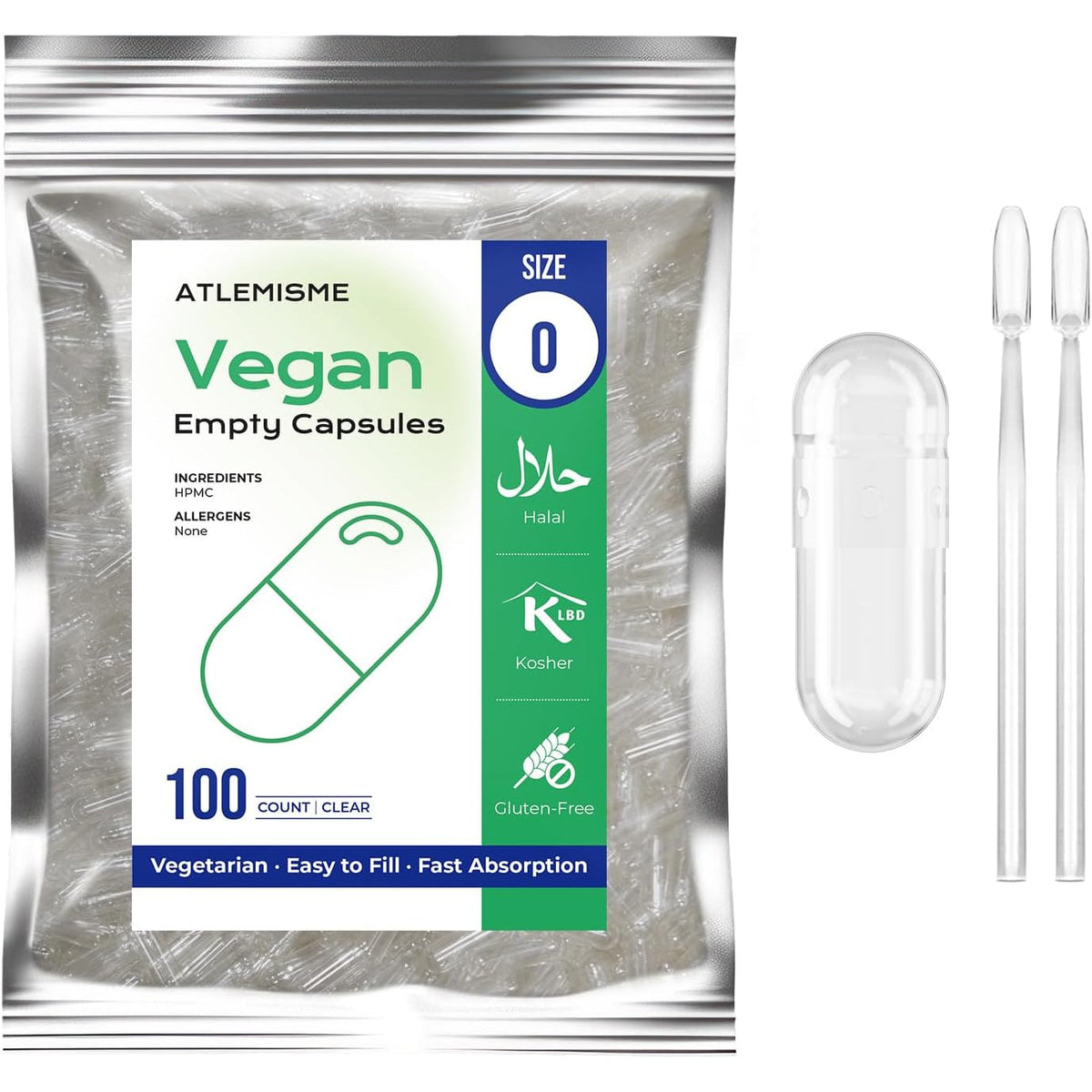Empty Vegan Capsules Size 0-100 Count Vegetable Capsule - Veggie Empty Caps with 2 Micro Lab Spoons