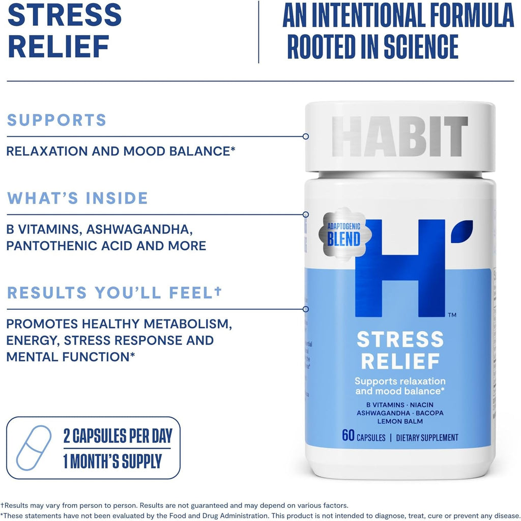 Habit Stress Relief Supplement (60 Capsules) - New Look, Supports Relaxation & Mood Balance, Vitamin B, Adaptogens, Lemon Balm, Calming, Vegan, Non-Gmo (1 Pack)