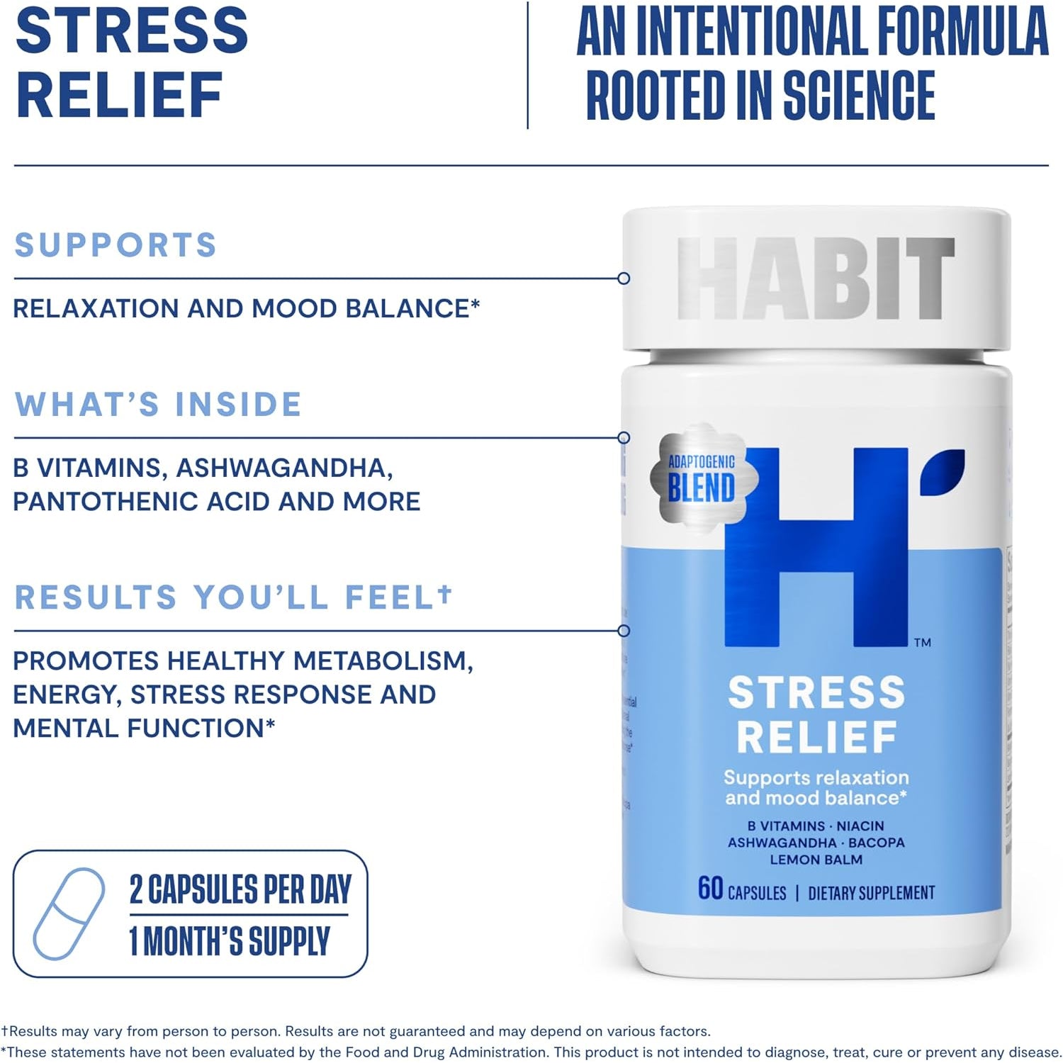 Habit Stress Relief Supplement (60 Capsules) - New Look, Supports Relaxation & Mood Balance, Vitamin B, Adaptogens, Lemon Balm, Calming, Vegan, Non-Gmo (1 Pack)