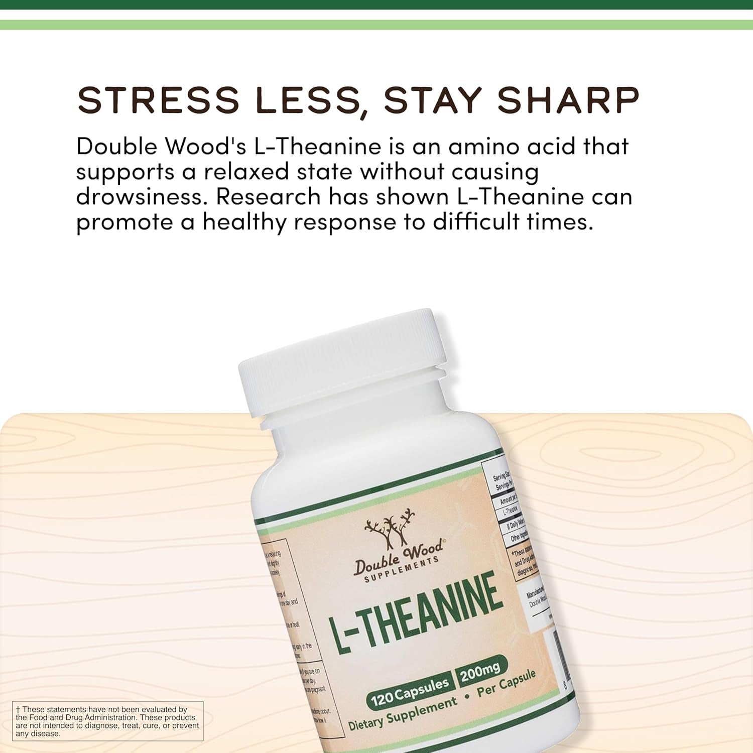 L-Theanine 200Mg Double Strength - Supports Health Sleep Response and Relaxation - 120 Capsules (Third Party Tested, Gluten Free) by Double Wood