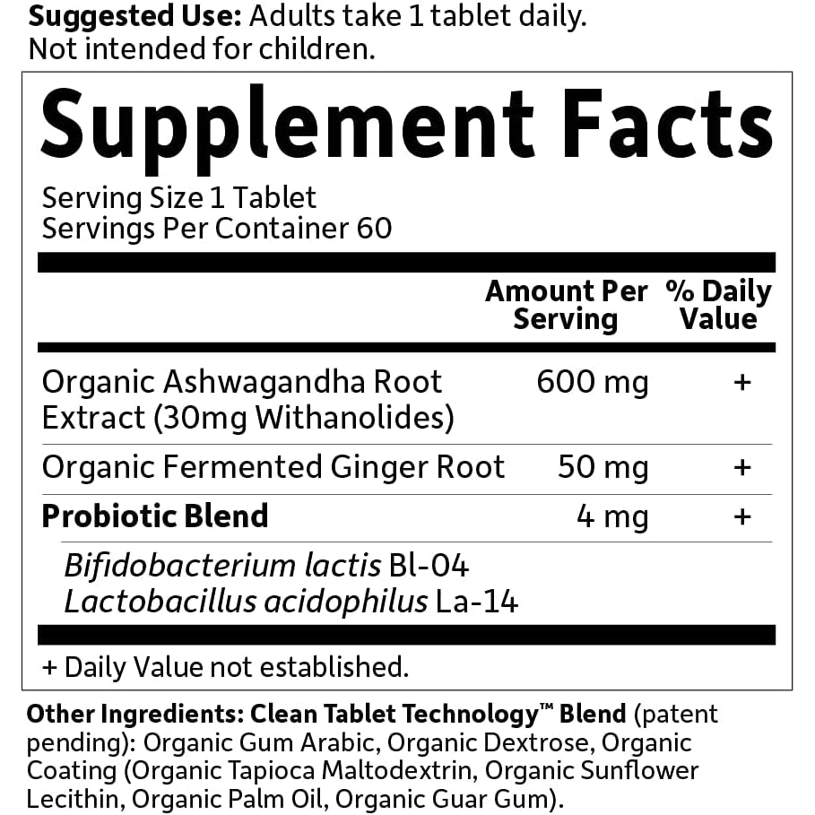 Garden of Life Organic Ashwagandha Supplement with Probiotics & Ginger - Stress, Mood & Energy Support, Vegan, Gluten Free, Non GMO, 2 Month Supply, 60 Tablets