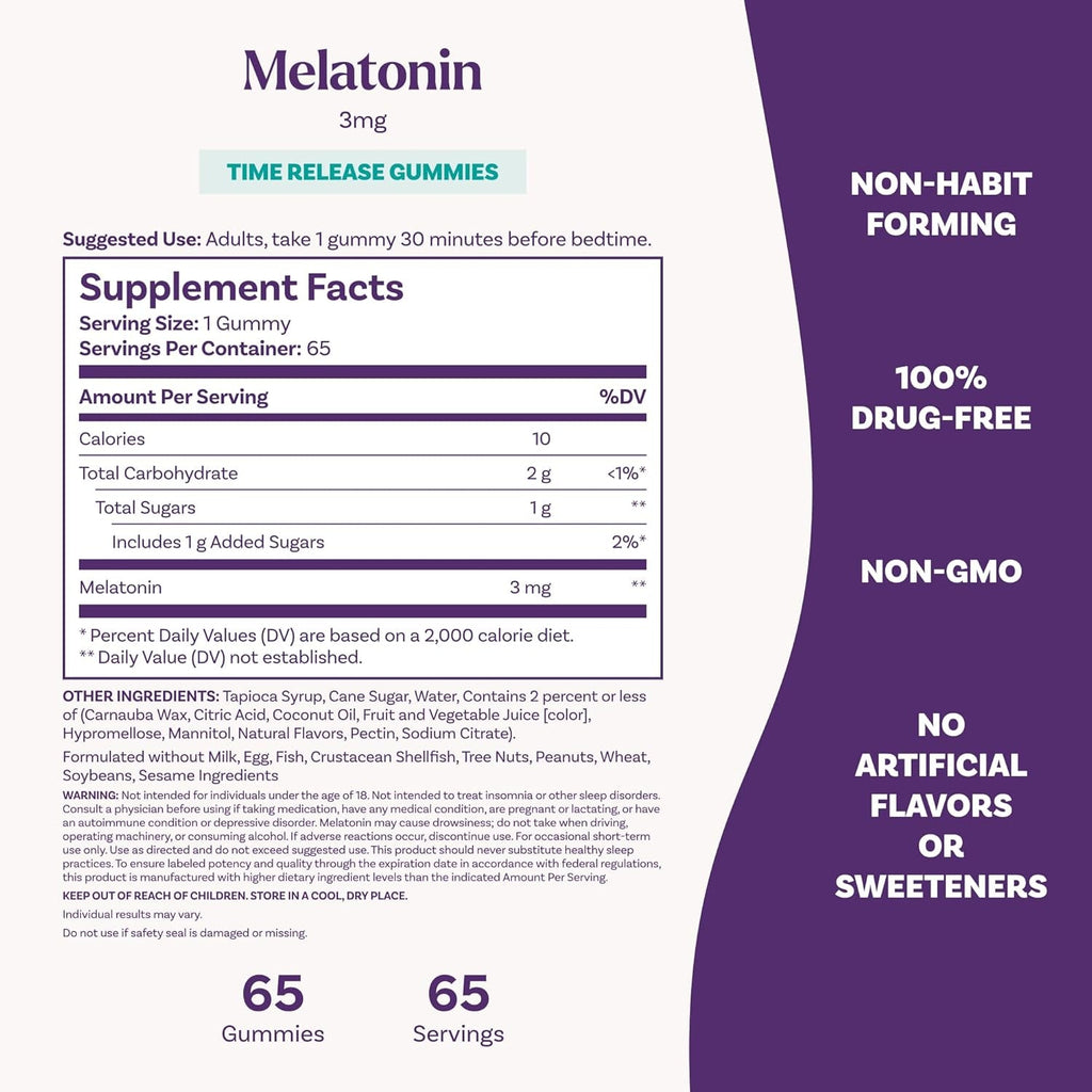Natrol Time Release Melatonin Gummies, Sleep Support for Adults, 3 Mg Melatonin Supplements for Sleep Support, 65 Strawberry-Flavored Gummies, up to a 65 Day Supply
