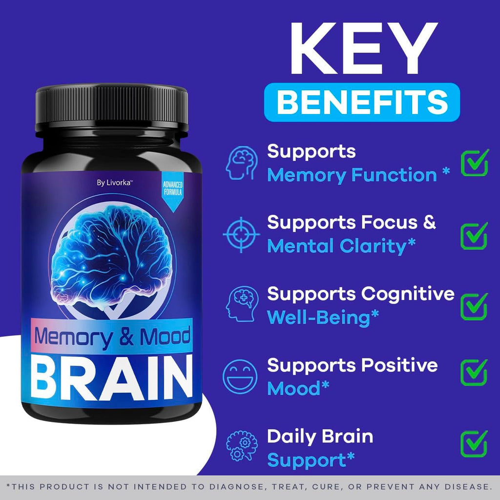 Memory Mood and Brain Capsules - Official Daily Support Brain Health Supplement Pills Advanced Formula, Memory & Mood Brain & Memory Focus Reviews, 60 Capsules for 1 Month