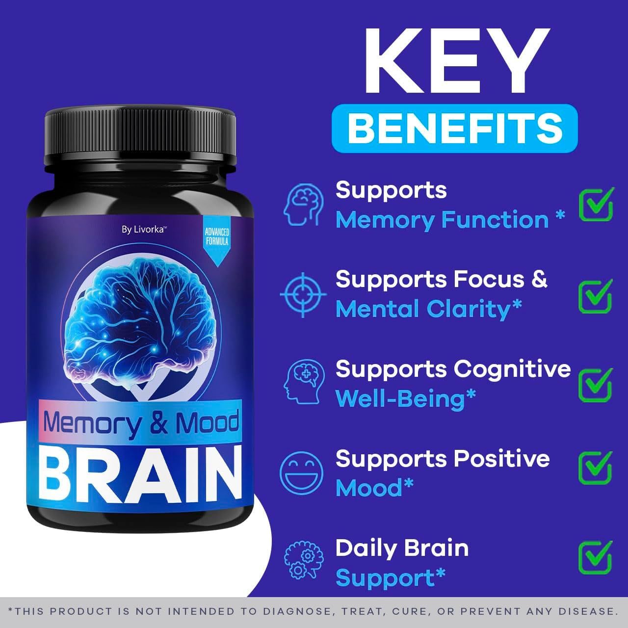 Memory Mood and Brain Capsules - Official Daily Support Brain Health Supplement Pills Advanced Formula, Memory & Mood Brain & Memory Focus Reviews, 60 Capsules for 1 Month