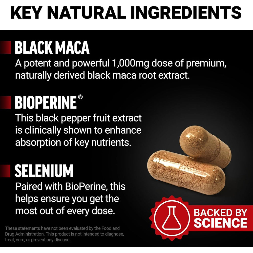 Force Factor Black Maca Root Supplement for Men, 1000Mg Maca Negra Extract for Energy, Hormonal Balance & Vitality, Superior Absorption with Bioperine, 90 Capsules