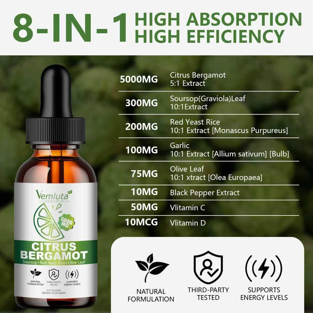 2 Packs 5000Mg Citrus Bergamot Liquid Drops-2X Absorption- Cholesterol Lowering Supplement W Soursop, Red Yeast Rice, Olive Leaf, Hight Cholesterol -Soursop Bitters Liquid-Heart & Immune Support