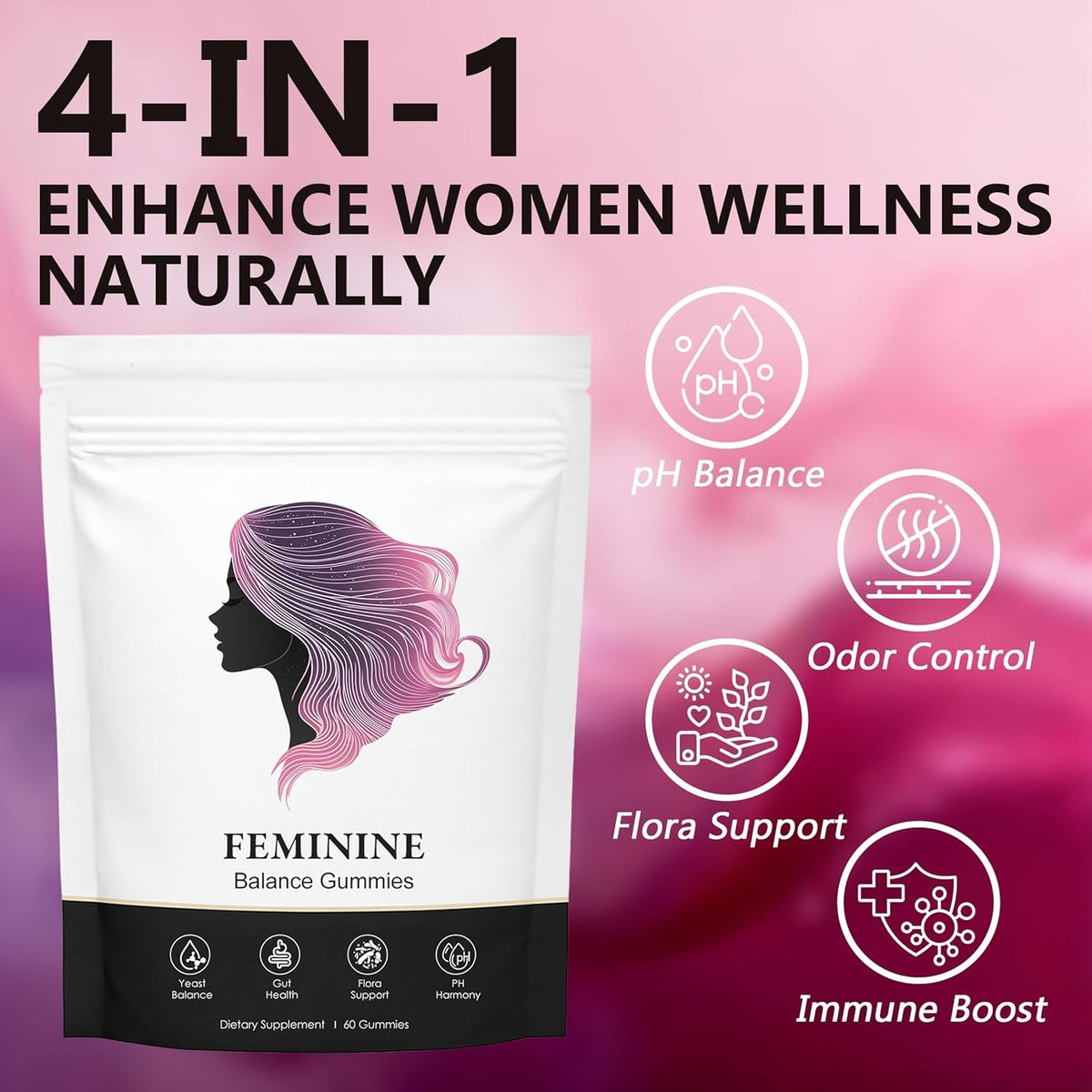 Feminine Balance Gummies, Premium Feminine Balance Gummies, Vegan Hawaiian Pineapple, Vaginal Health Support, Gluten-Free, 60 Gummies (1)