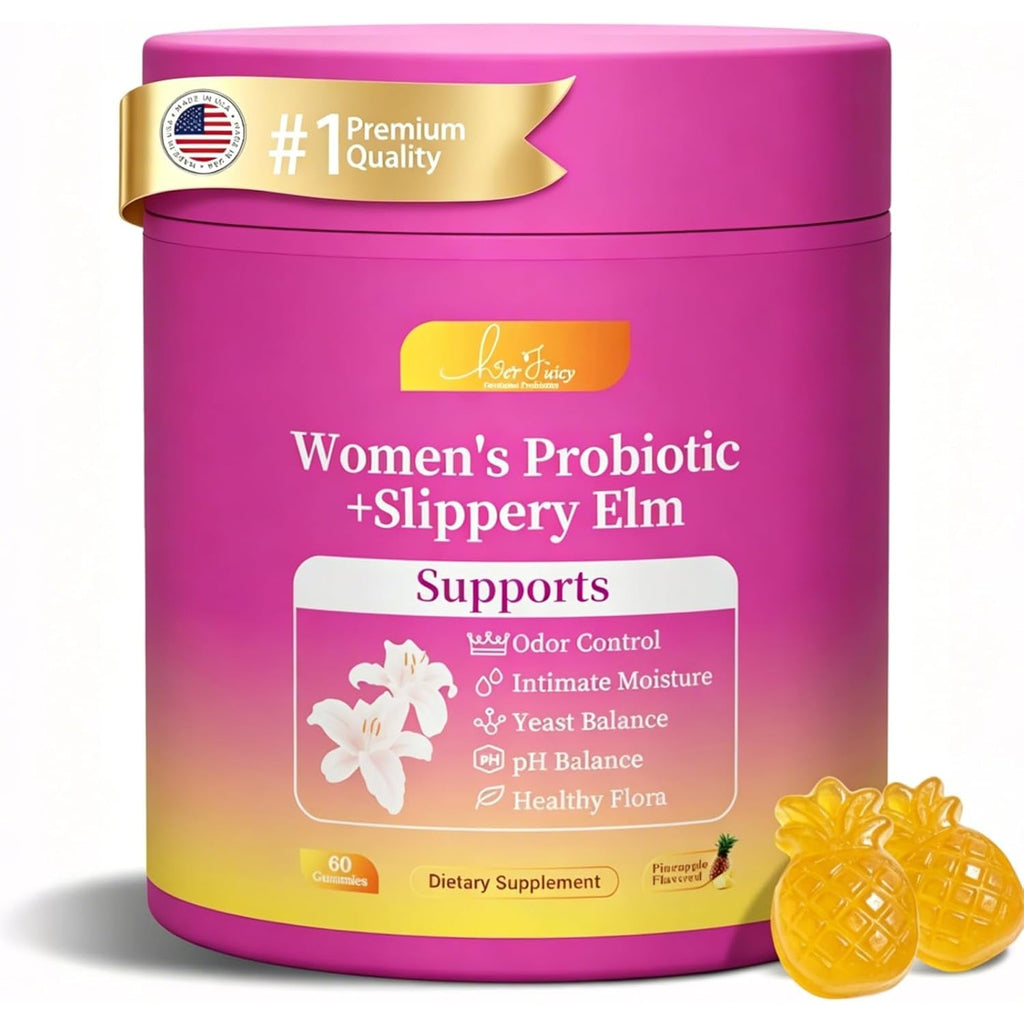 Her Juicy Feminine Probiotics Gummies for Women with Slippery Elm - Pineapple Flavor, Ph Balance & Immune Health Support - Digestive & Feminine Support - Vegan Supplement, 60 C