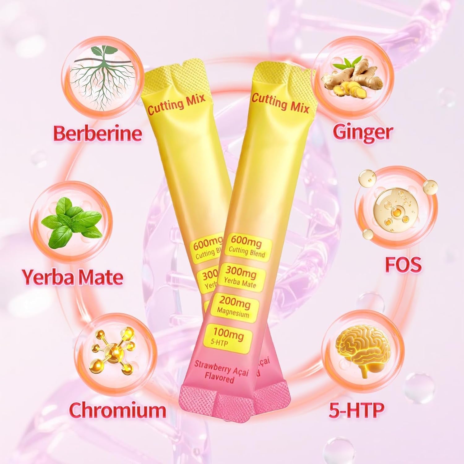 Cutting Drink Mix | Supports Satiety Signaling,Supports Energy & Gut Health with Berberine&Chromium&Fos&Yerba Mate & 5-Htp,Strawberry Açaí – 30 Sticks