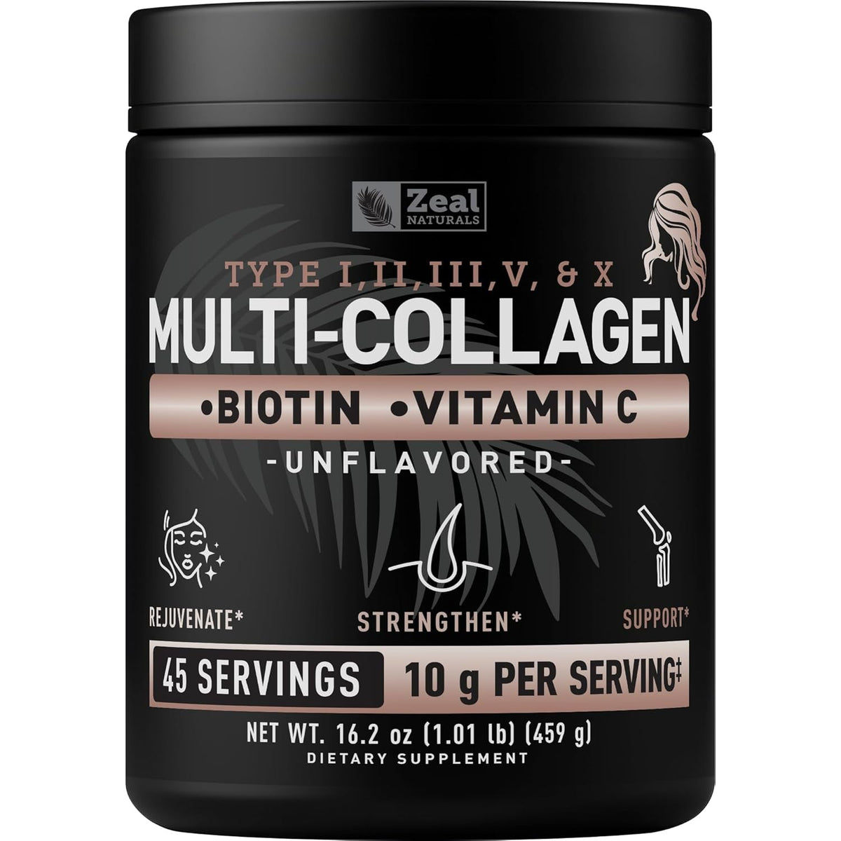 Zeal Naturals Multi Collagen Protein Peptides Powder Types I II III V X - Vitamin C, Biotin & Hyaluronic Acid - Hair, Skin & Nails - Marine, Bovine, Chicken & Eggshell - Unflavored, 45 Servings