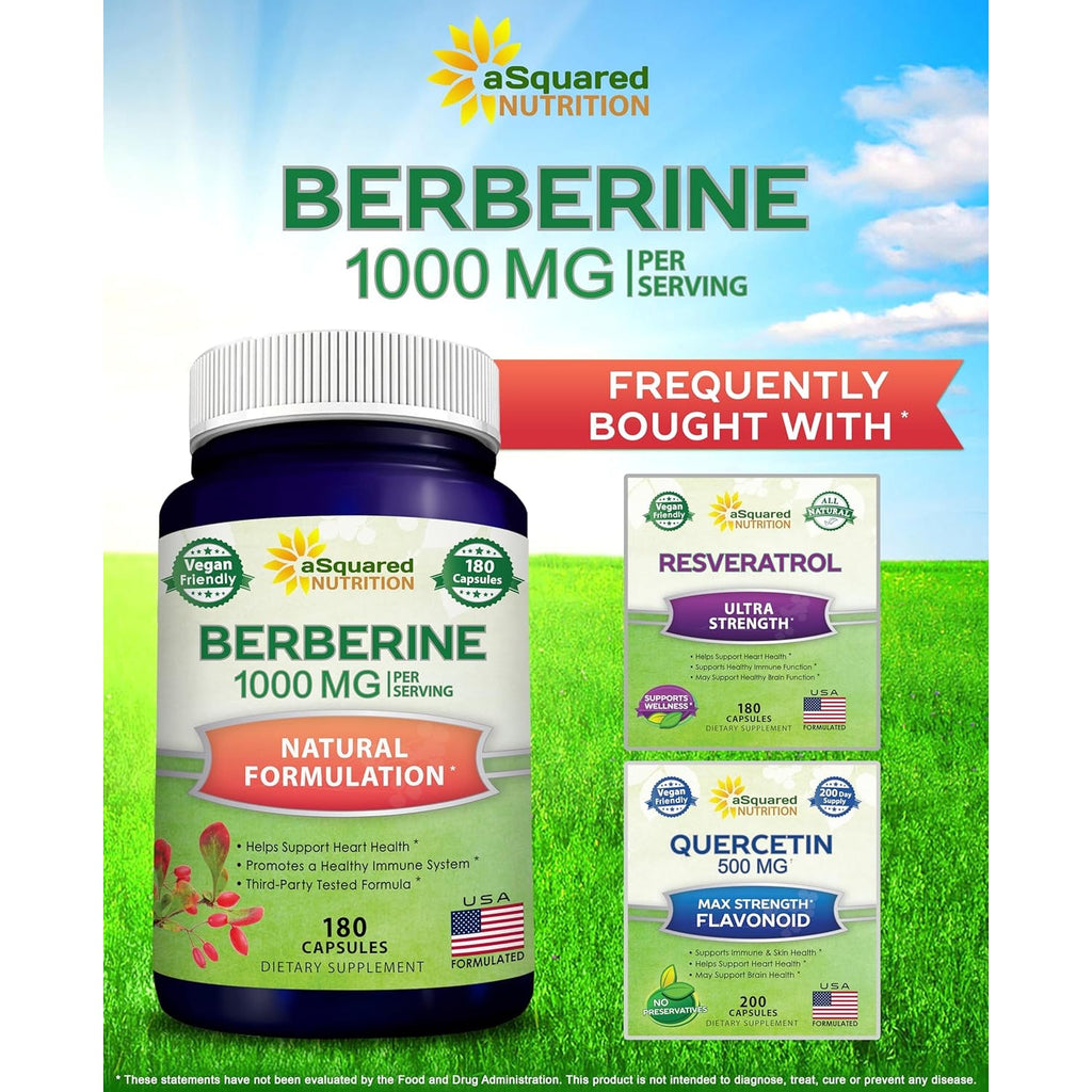 Asquared Nutrition Pure Berberine 1000Mg Supplement - 180 Veggie Capsules, Natural Berberine Hydrochloride HCL Plus, Max Strength 1000 Mg (2X 500Mg), Potent Berberine Vegan Extract