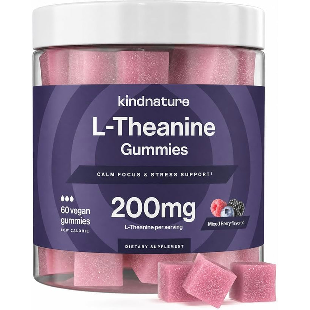 Kindnature L-Theanine 200Mg Gummies for Kids 4+ & Adults – Pure Single-Ingredient Calm & Focus Chewables – Clinical Dose, Non-Drowsy Relaxation – Vegan, Mixed Berry, Non-Gmo – 60 Ct