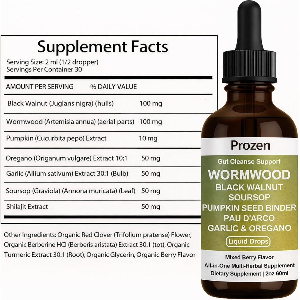 Prozen Wormwood Gut Cleanse Liquid Drops, Wormwood Black Walnut Clove Gut Cleanser for Adults with Soursop, Pumpkin Seed, PAU D'Arco, Garlic Oregano, Boosts Energy, Gut Health & Absorption, 2Oz (1)