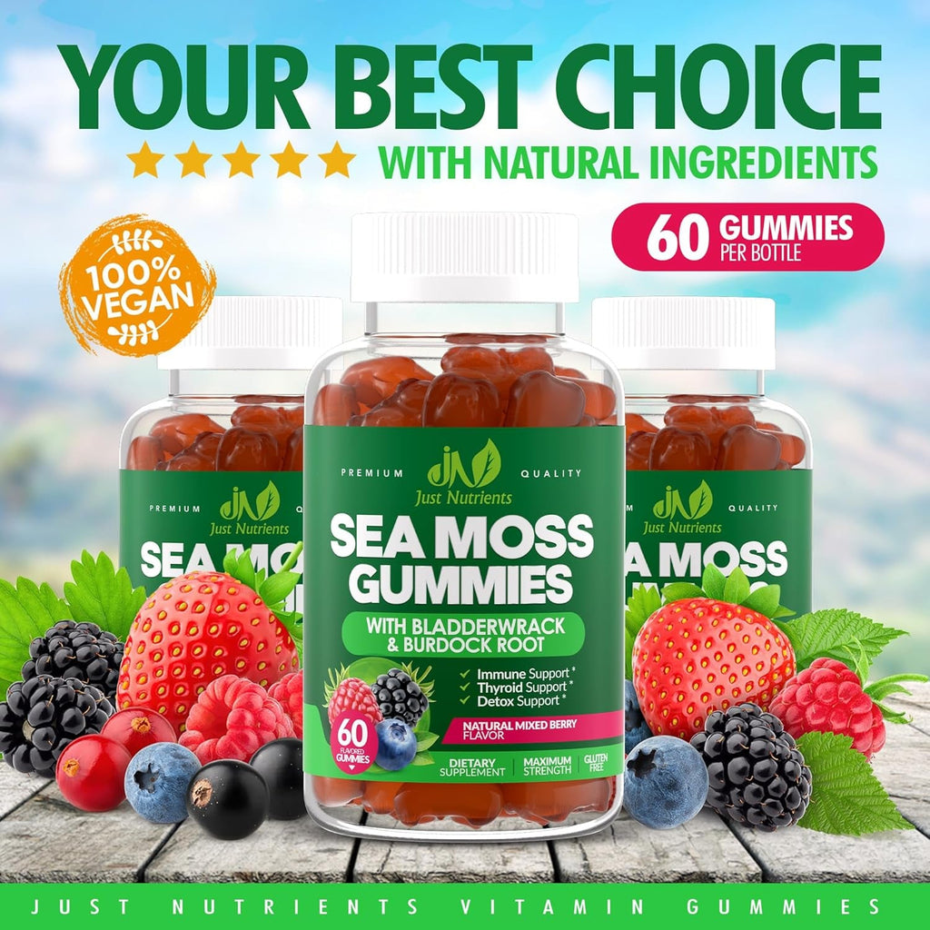 Sea Moss 3000Mg Gummies with Bladderwrack and Burdock Root - Natural Irish Sea Moss Superfood for Immune, Thyroid and Detox Support - Extra Strength for Men & Women - Gluten-Free, Vegan - 60 Gummies