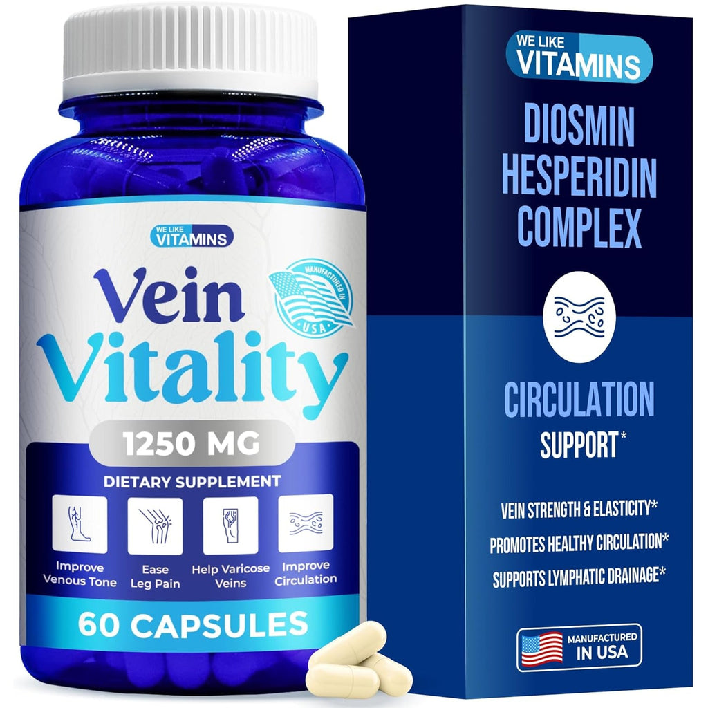 We like Vitamins Vein Vitality 1250Mg Diosmin Hesperidin Complex for Varicose Veins Treatment, Horse Chestnut, Butchers Broom, Bioflavonoids - Supports Blood Circulation for Leg Veins- 60 Capsules