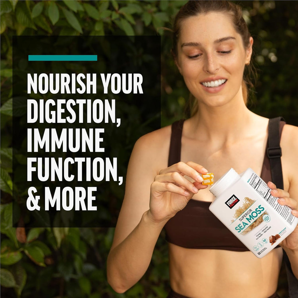Force Factor Superior Sea Moss, Premium Irish Sea Moss to Support Energy, Immune Function, Gut Health, & Skin Health, Non-Gmo, Gluten Free, Salted Caramel Flavor, 60 Soft Chews