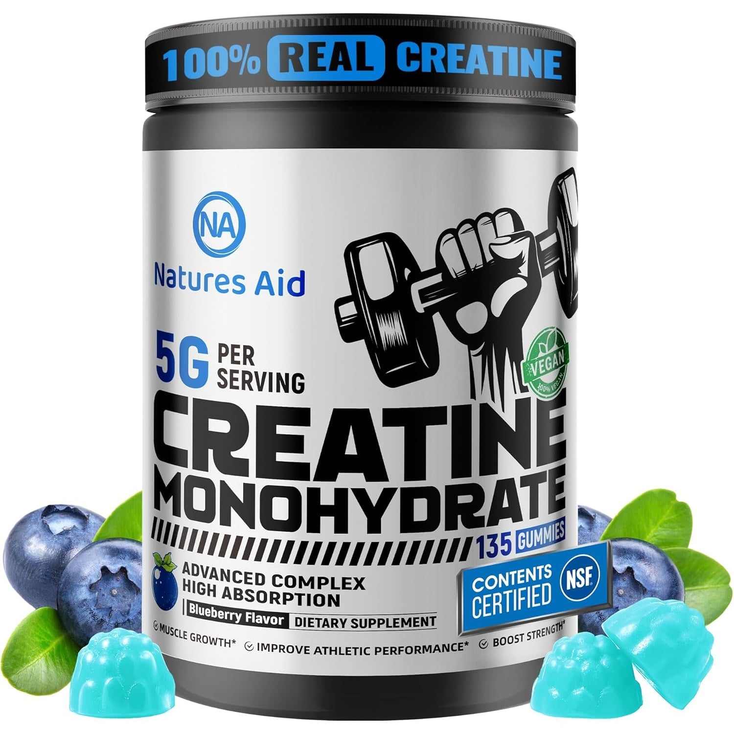 Natures Aid NSF Certified Creatine Gummy 5G - Creatine Monohydrate Gummies – Pre-Workout Energy & Muscle Growth Support for Men & Women | Blueberry Electrolyte Gummies (135 Count)