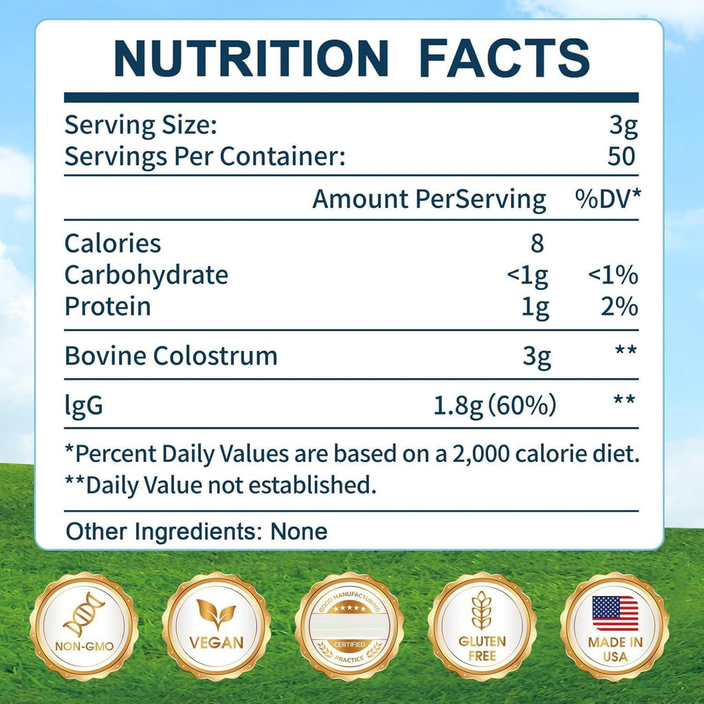 Grass-Fed Bovine Colostrum Supplement Powder - 60% High Igg 3000 Mg for Gut Health, Immune Support - Easy to Mix Natural Liposomal Colostrum Superfood, Unflavored, 50 Servings