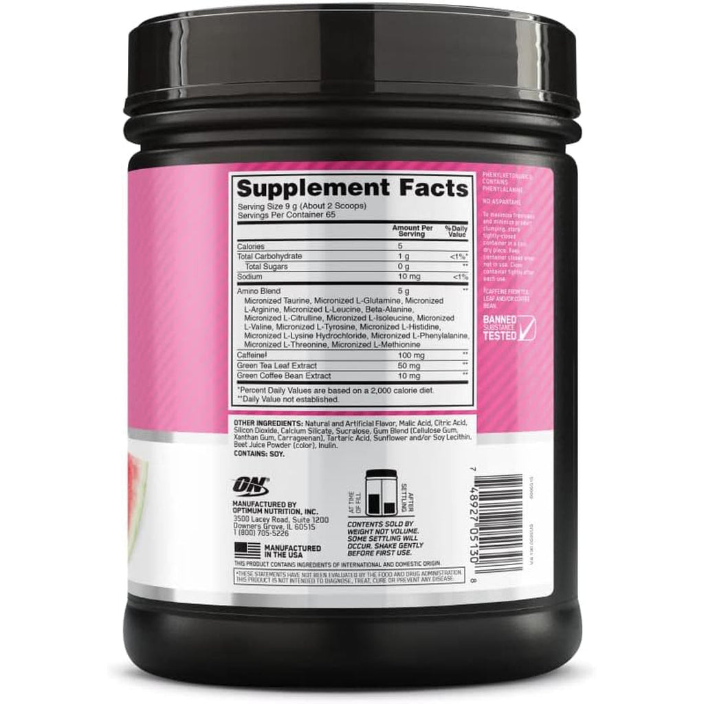 Optimum Nutrition Amino Energy - Pre Workout with Green Tea, BCAA, Amino Acids, Keto Friendly, Green Coffee Extract, Energy Powder - Watermelon, 65 Servings (Packaging May Vary)