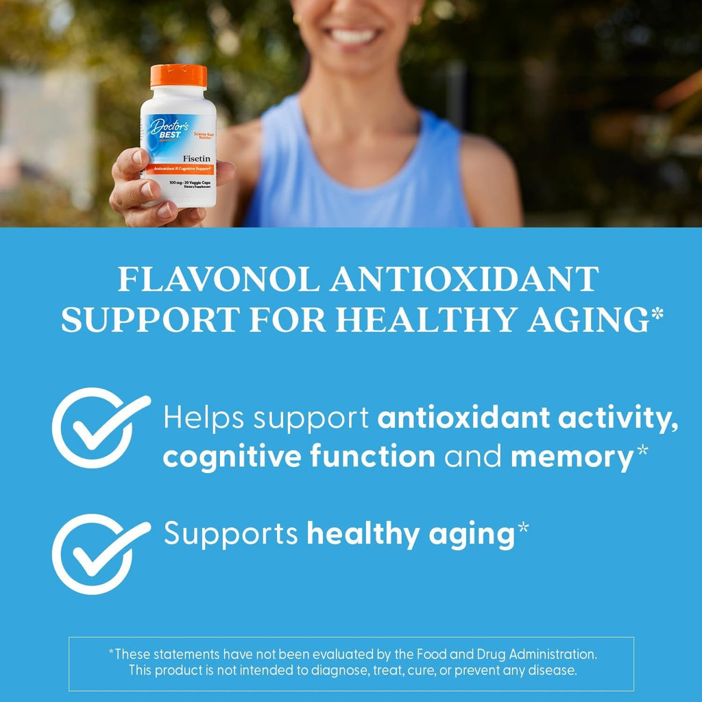 Doctor'S Best Fisetin Supplement 100 Mg for Men & Women - Brain Health & Antioxidant Support, Fisetin Capsules (As Novusetin) 100Mg per Serving, Vegan, Gluten Free, Soy Free, Non GMO - 30 Veg Caps