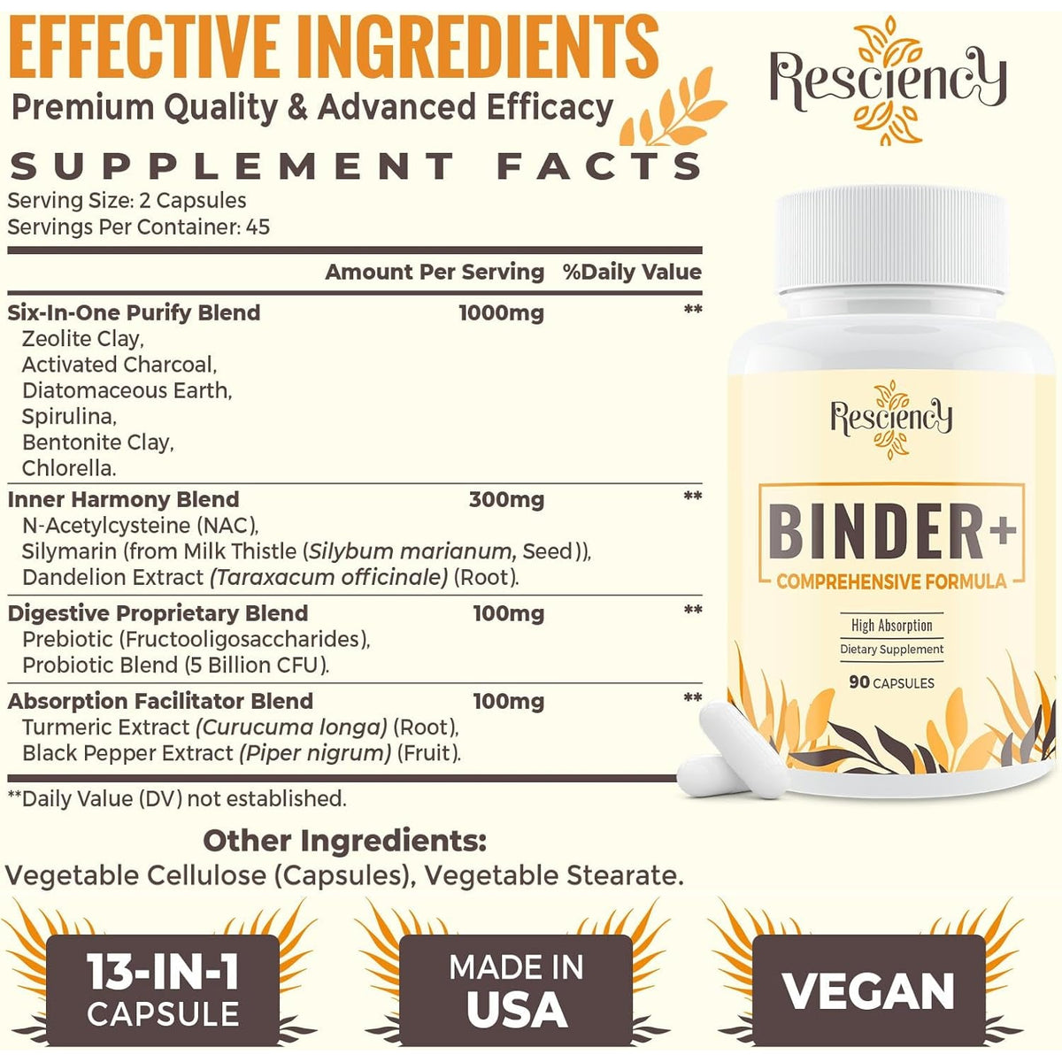 Resciency Detox Binder Supplement – Activated Charcoal, Zeolite, Bentonite Clay, Milk Thistle, Proprietary Blends - Liver & Gut, Max Absorption, 90 Vegan Capsules