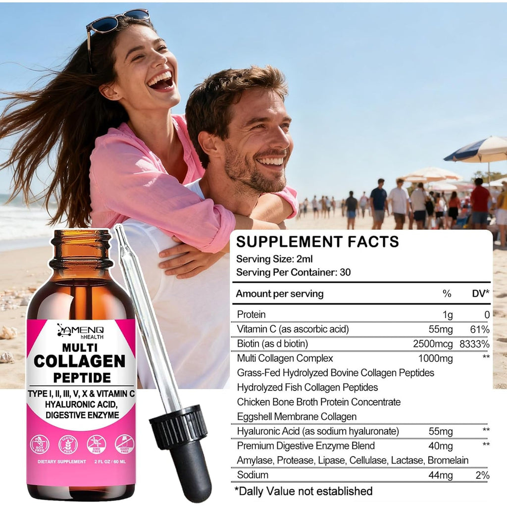 Multi Collagen Peptides Liquid Drops for Women & Men, Hydrolyzed Collagen Peptides Type (I, II, III, V, X)Proteins Complex W. Hyaluronic Acid, Biotin & Vitamin C, Support Hair Skin Joint & Gut Health