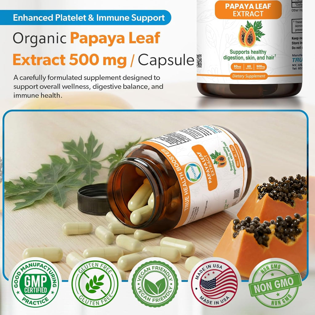 Papaya Leaf Extract 500 Mg for Hair, Skin with 4X Extra Strength Support Blood Platelet with 60 Capsules for 60 Days Supports Digestive Health & Natural Antioxidant