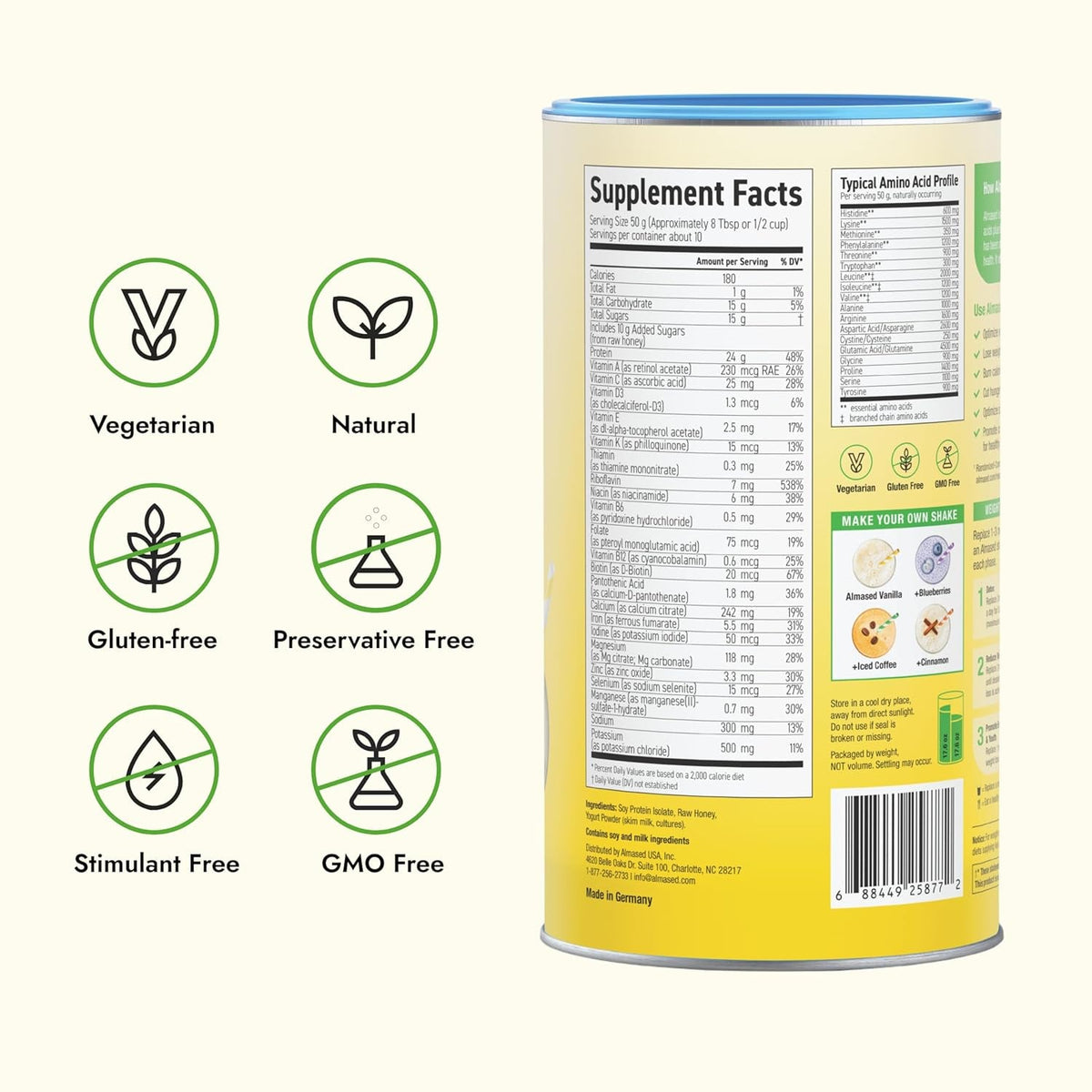 Almased Meal Replacement Shakes for Weight Loss - Protein Powder - Starter Kit (Almond Vanilla Flavor, 2 Cans of 17.6 Oz + Shaker Bottle + Scoop)