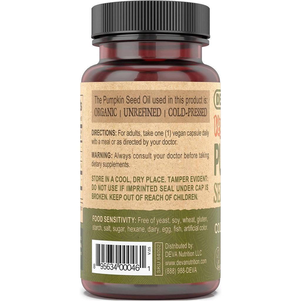DEVA Nutrition Vegan Pumpkin Seed Oil 500 Mg, Cold-Pressed & Unrefined - 90 Capsules, 1-Pack